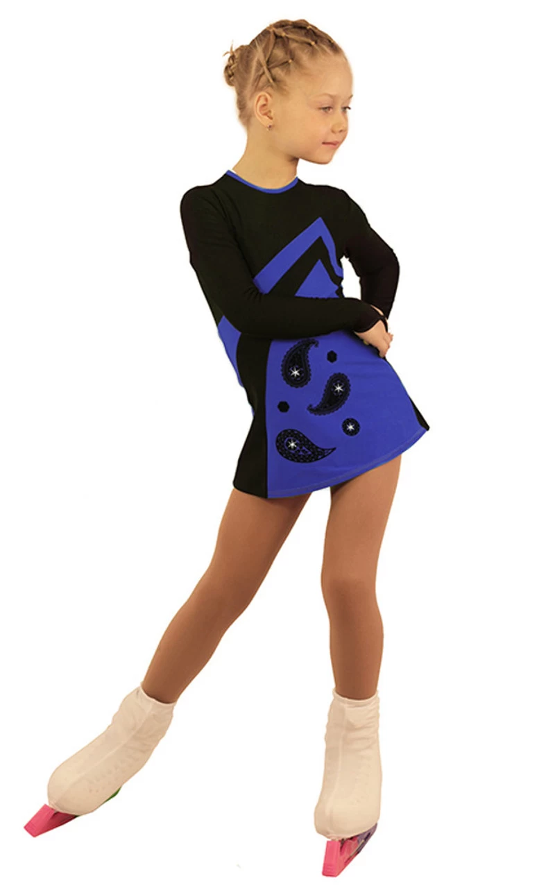 IceDress Figure Skating Dress - Thermal - Velvet (Black With Cornflower, Ornament) 3 IceDress Figure Skating Dress - Thermal - Velvet (Black With Cornflower, Ornament)
